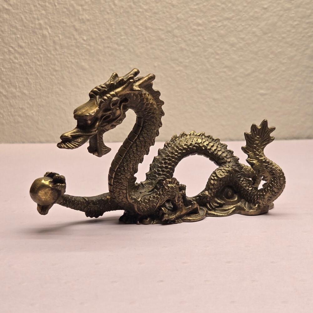 Vintage Solid Brass Chinese Dragon Figurine Miniature Feng Shui Wealth Statue